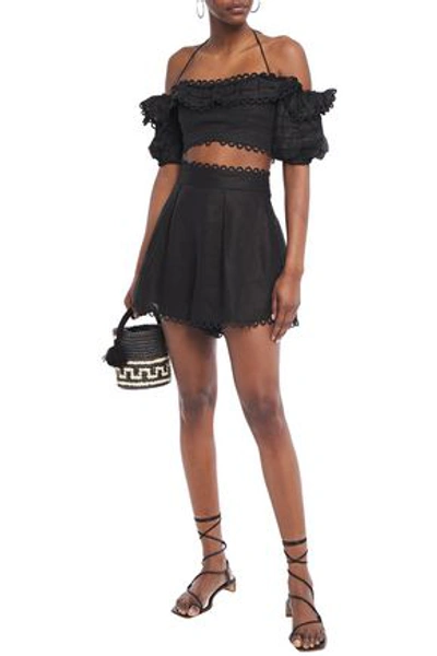 Zimmermann Allia Picot-trimmed Pleated Linen Shorts In Black