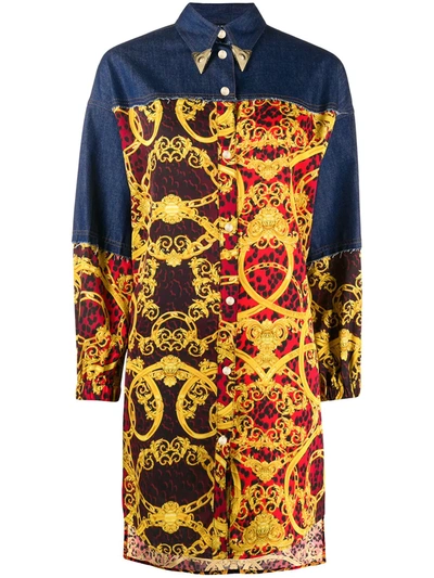 Versace Jeans Couture Contrast Panel Baroque Print Shirt Dress In Yellow