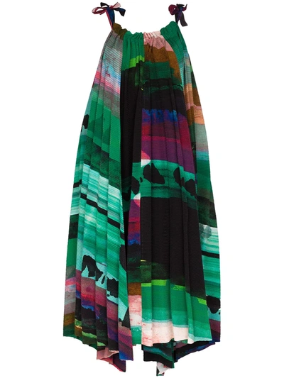Issey Miyake Graphic Print Pleated Midi Dress In Green ,red