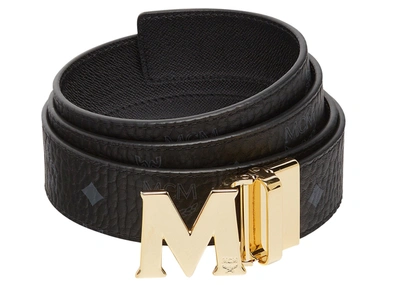 Pre-owned Mcm Claus M Gold Buckle Reversible Belt Visetos 1.5" 51in/130cm Black