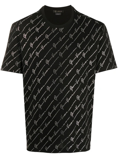 Versace Crystal-logo Embellished T-shirt In Black