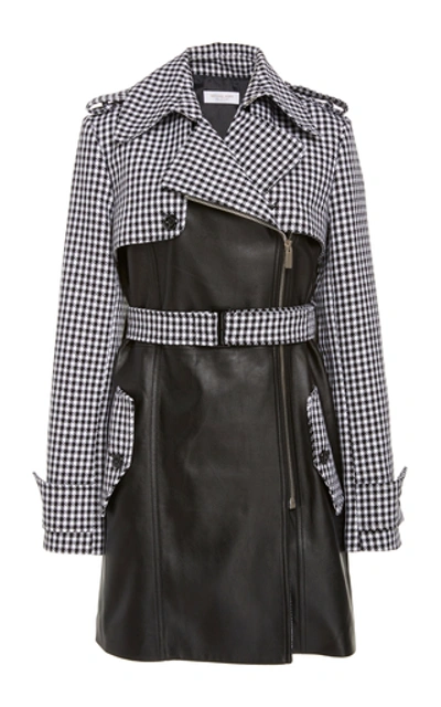 Michael Kors Dogtooth And Plongé Leather Cropped Trench Coat In Black
