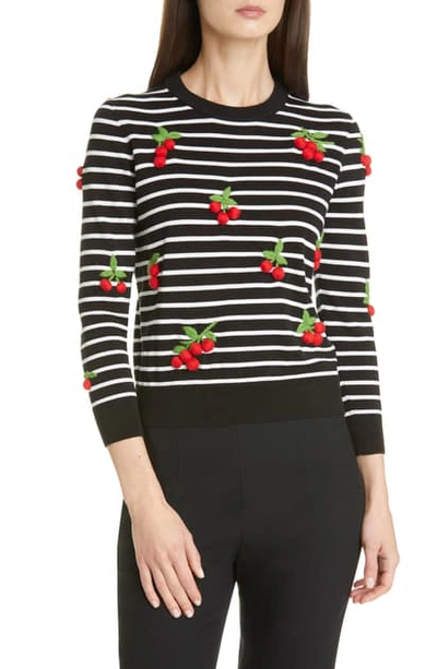 Michael Kors Cherry Embroidered Striped Cotton Sweater In Black/ White