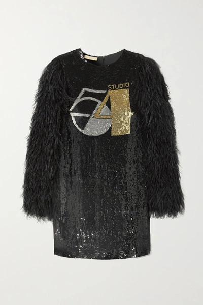 Michael Kors Studio 54 Sequined Silk-georgette Feather-sleeve Shift Dress In Black