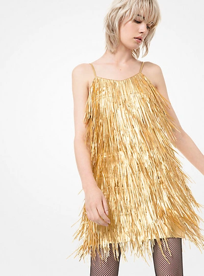 Michael Kors Metallic Plongé Leather Fringed Mini Dress In Gold
