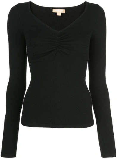 Michael Kors Cashmere Ruched Long-sleeve Top In Black