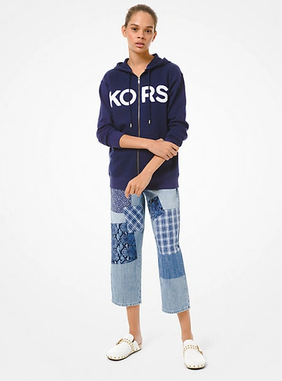Michael Kors Logo Cotton Blend Zip-up Hoodie In Blue