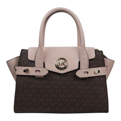 Michael Kors Carmen Small Logo And Leather Belted Satchel In Brown