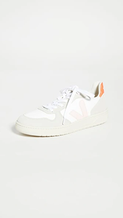 Veja V-10 Sneakers In White/petale/orange Fluo
