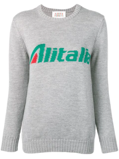 Alberta Ferretti Alitalia Logo Intarsia Grey Wool Sweater