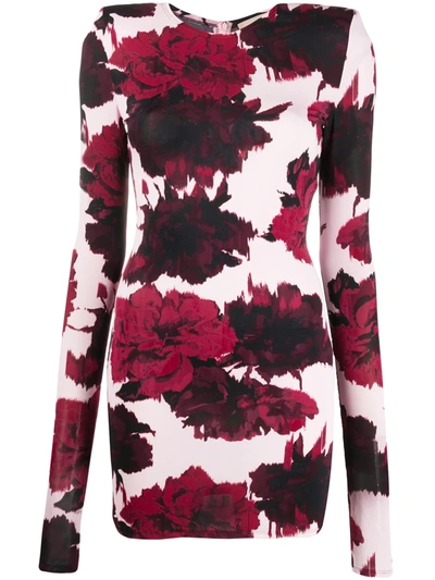 Alexandre Vauthier Floral-print Padded Shoulder Bodycon Dress In Cherry
