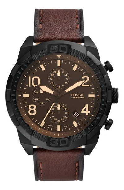 Fossil Men's Chronograph Bronson Brown Embossed Leather Strap Watch 50mm