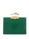 Alexander Mcqueen Four-ring Knuckle Clasp Croc Embossed Leather Clutch In Green