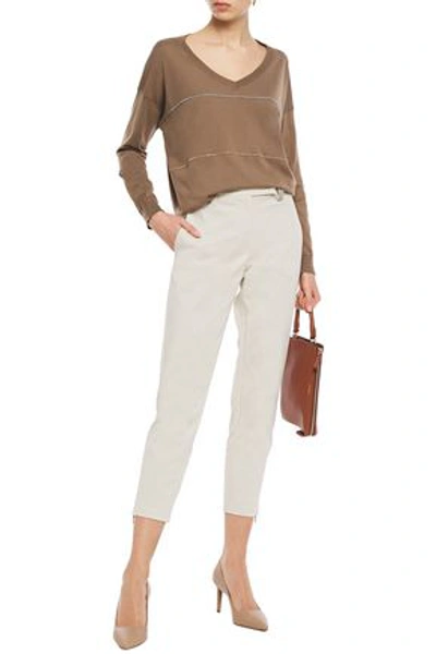 Brunello Cucinelli Cropped Bead-embellished Stretch-cotton Twill Tapered Pants In Cream