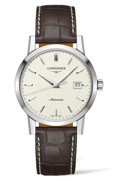 Longines 1832 Automatic Alligator Leather Strap Watch, 40mm In Brown/ Beige/ Silver