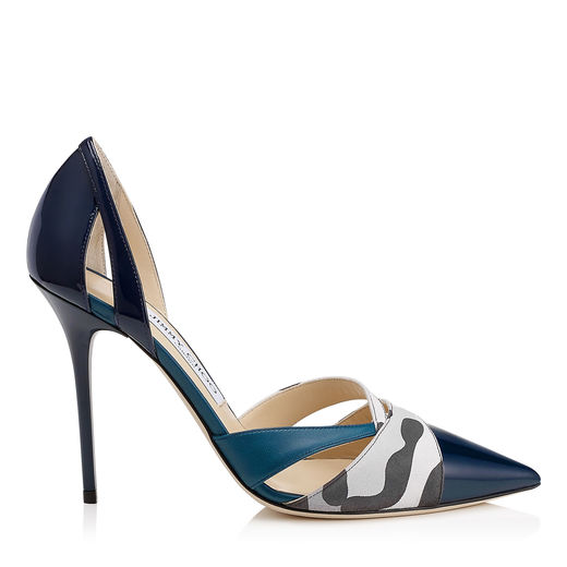 Jimmy Choo Marcine 100 Navy Patent, Steel Mix Camoleo Print Suede And ...