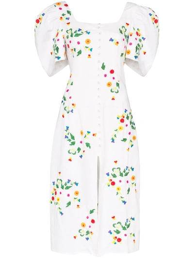 All Things Mochi Marisol Embroidered Linen Blend Midi Dress In White