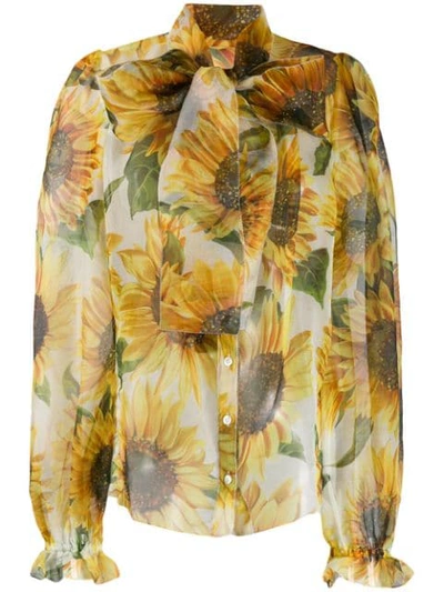 Dolce & Gabbana Sunflower-print Chiffon Shirt With Pussy Bow In Multi-colored