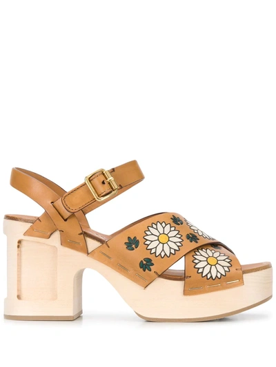 Miu Miu Floral-print Platform Sandals In Brown