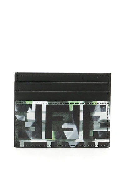 Fendi Ff Printed Leather Card Holder In Black,white,green