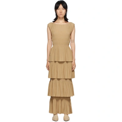 Totême Aramon Tiered Pleated Crepe Maxi Dress In 835 Camel