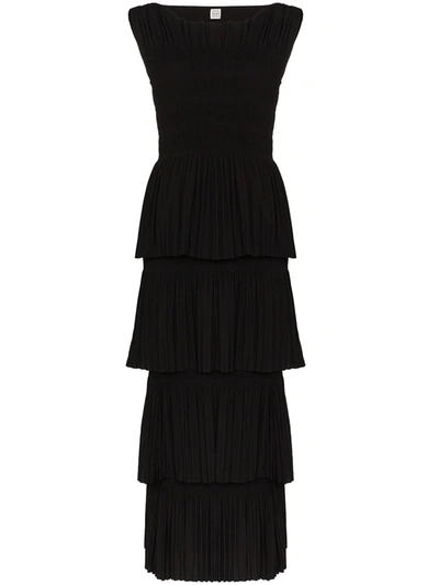 Totême Aramon Tiered Shirred Voile Maxi Dress In Black