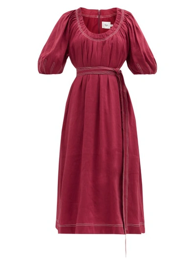 Aje Rebellion Belted And Linen And Silk-blend Midi Dress In Red