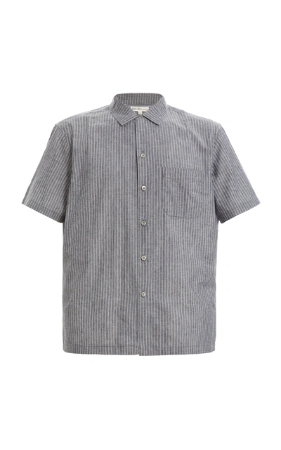 Alex Mill Camp-collar Striped Cotton And Linen-blend Shirt In Navy