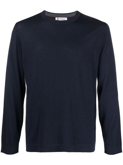 Brunello Cucinelli Long-sleeved Cotton T-shirt In Navy Blue