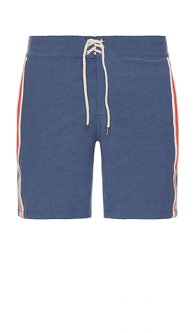 Faherty Retro Surf Mid-length Striped Swim Shorts In Blue Red Stripe