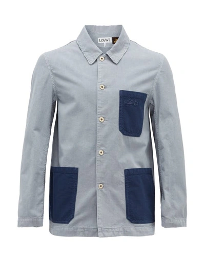 Loewe Paula's Ibiza Distressed Colour-block Cotton-chambray Shirt Jacket In Blue