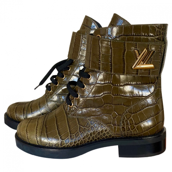 Pre-Owned Louis Vuitton Wonderland Khaki Leather Ankle Boots | ModeSens