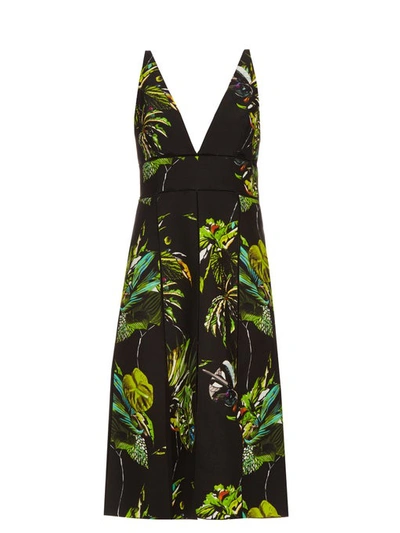 Proenza Schouler Printed Satin V Neck Long Dress With Slits In Black, Floral, Green.
