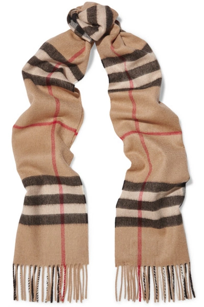 Burberry Metallic Checked Reversible Cashmere Scarf In Camel