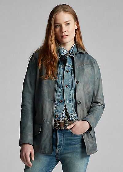 Double Rl Indigo Leather Jacket | ModeSens