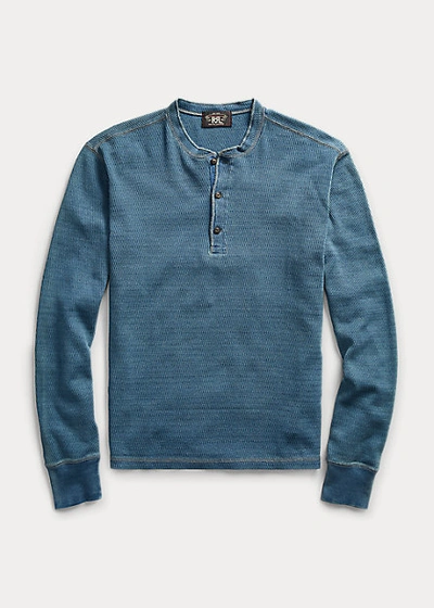 Double Rl Indigo Jacquard-knit Henley In Washed Blue Indigo
