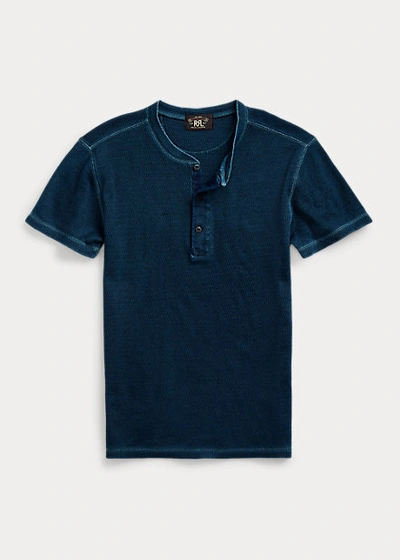 Double Rl Indigo Waffle-knit Henley In Rinsed Blue Indigo