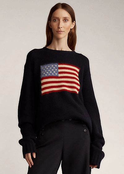 Ralph Lauren Flag Cashmere Crewneck Sweater In Midnight W/ Flag