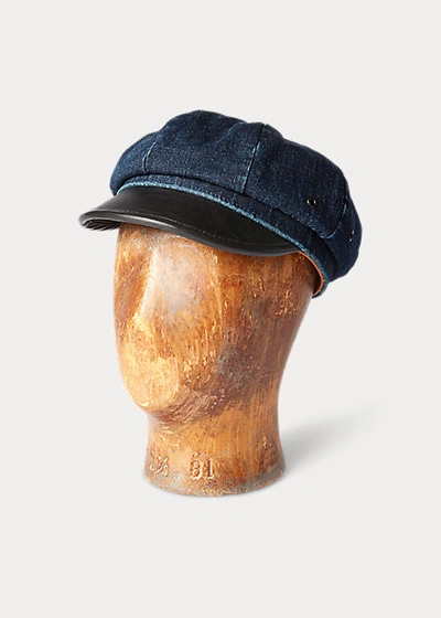 Double Rl Leather-denim Motorcycle Cap In Rinse