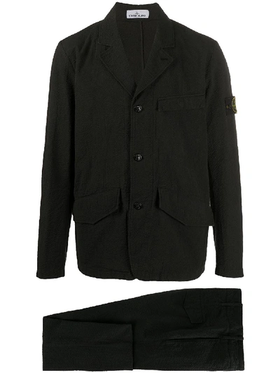 Stone Island Single-breasted Seersucker Cotton Suit In Black
