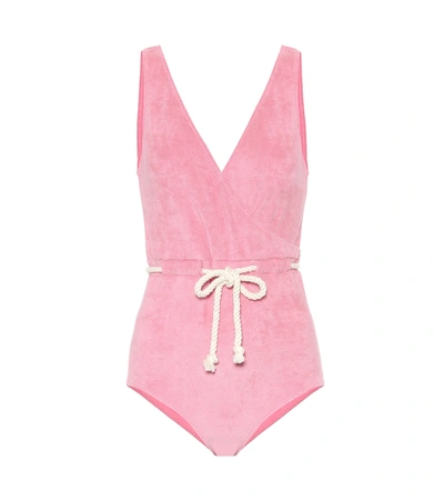 Lisa Marie Fernandez Yasmin Belted Wrap-effect Cotton-blend Terry Swimsuit In Baby Pink