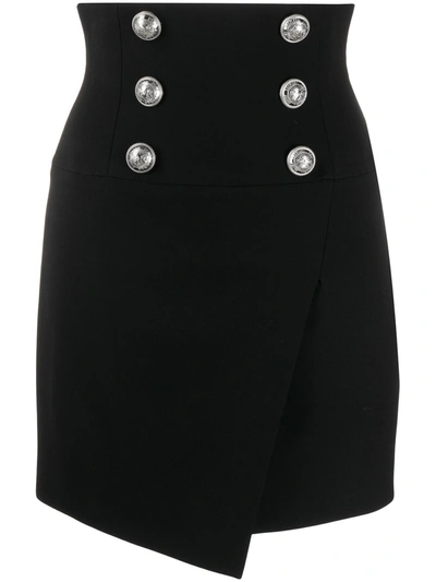 Balmain Short High-waist Buttoned Wrap Skirt In Black