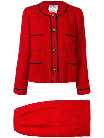 Pre-owned Chanel 1993 Contrasting Trimming Skirt Suit In Red