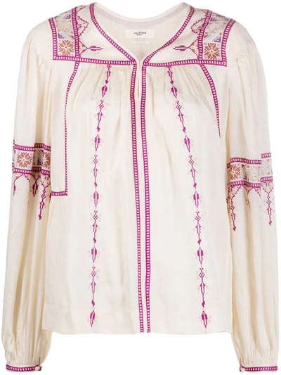 Isabel Marant Étoile Silk Embroidered Flared Blouse In Neutrals
