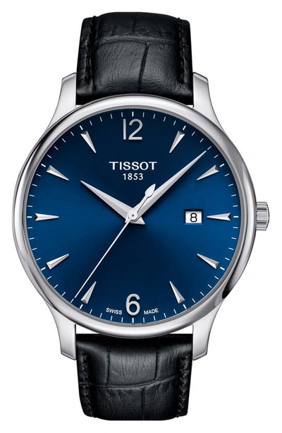 Tissot Tradition Leather Strap Watch, 42mm In Black/ Blue/ Silver