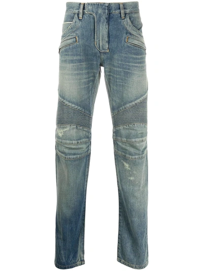 Balmain Stonewashed-effect Biker Jeans In Blue