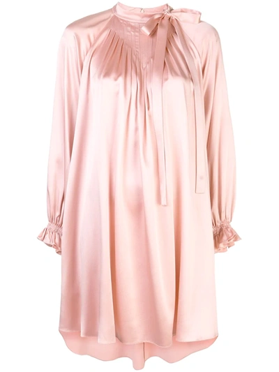 Adam Lippes Tie Neck Long Sleeve Silk Charmeuse Minidress In Pink