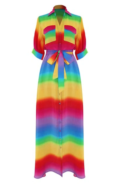 All Things Mochi Iska Rainbow Stripe Silk Maxi Shirtdress