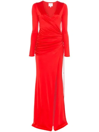 Galvan Allegra Ruched Waist Long Dress In Red