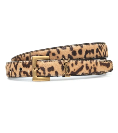 Saint Laurent Monogram Leopard-print Calf Hair Belt In Beige